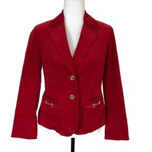 TALBOTS Women's Red Corduroy Blazer Size 4 Horsebit Detail Pockets Gold Button